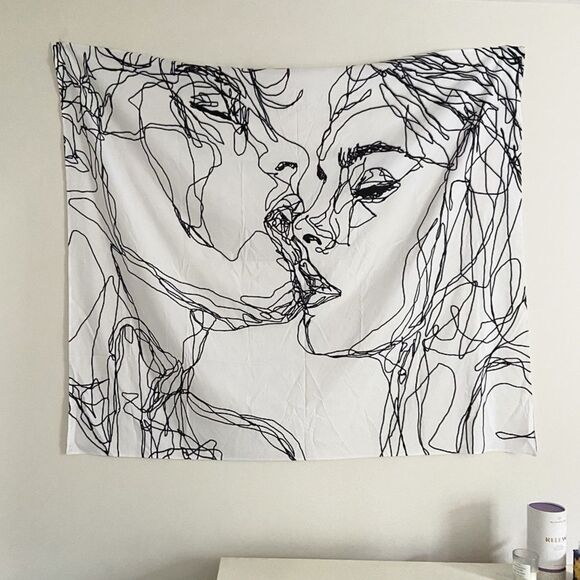 Society 6 Other - Minimalist Black & White Line Art Wall Tapestry - Abstract Kiss